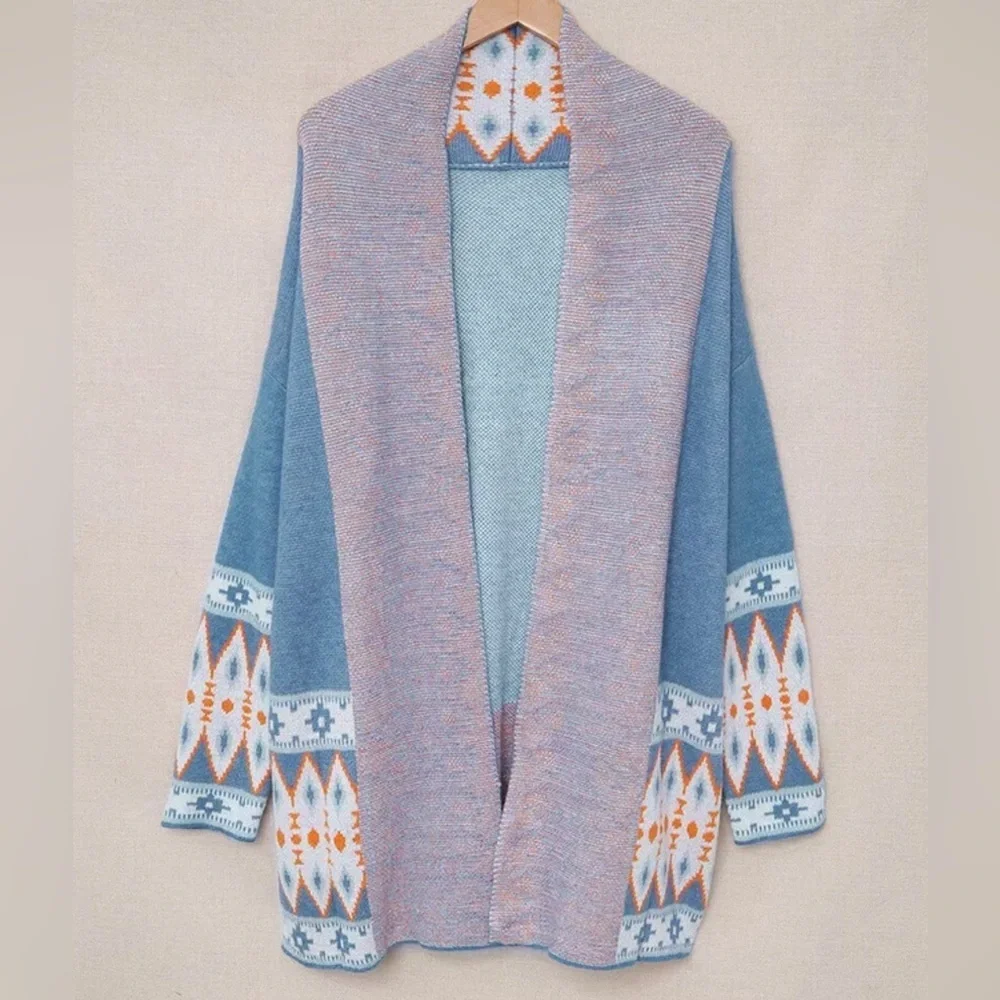 Cardigan Aztec Sweater ~ Long Sleeve Tribal Print Wool Knit Open Front in Blue - Picture 2 of 16